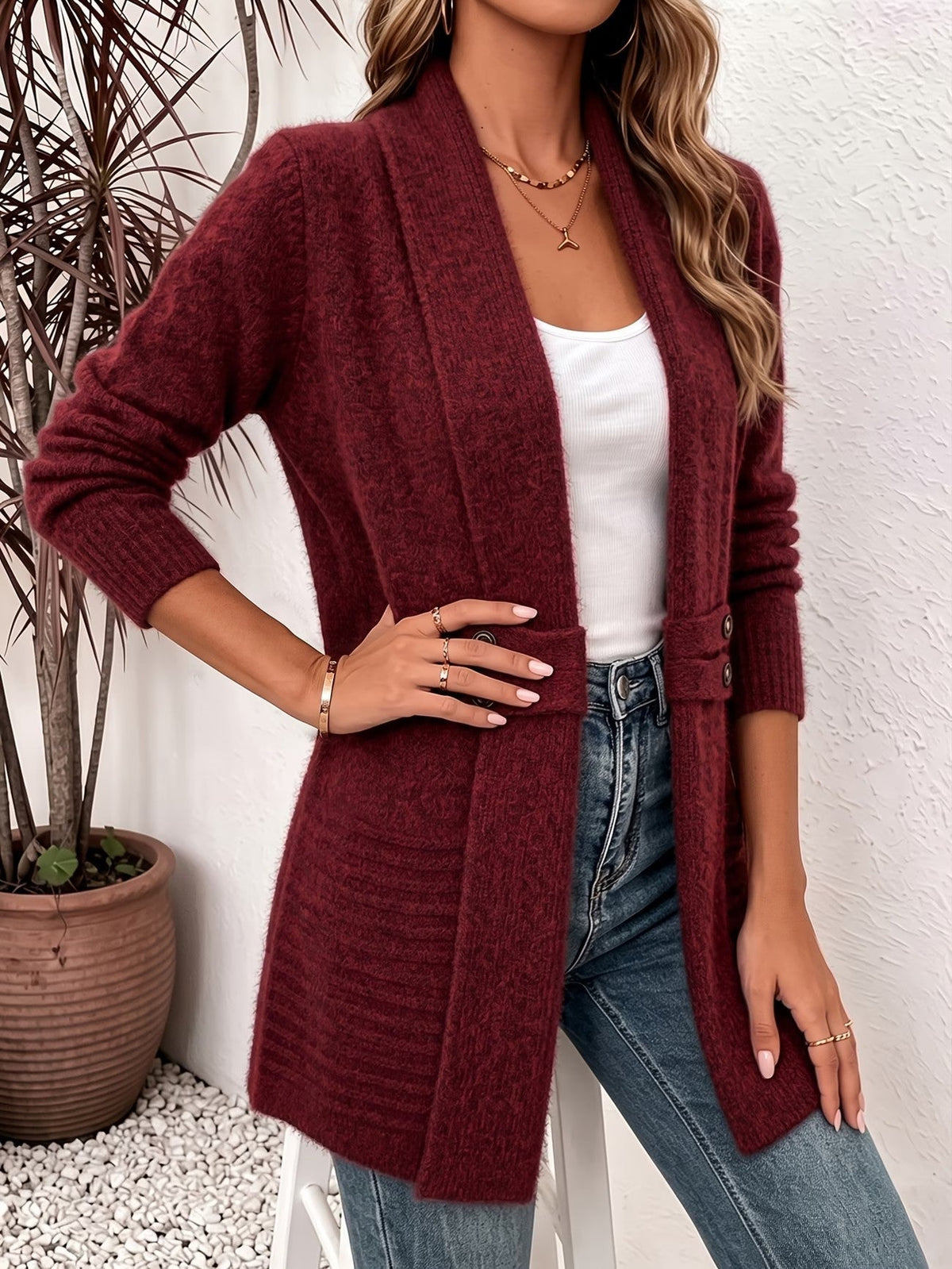 Marlowe™ | Burgundy Ribbed Button-Tab Cardigan