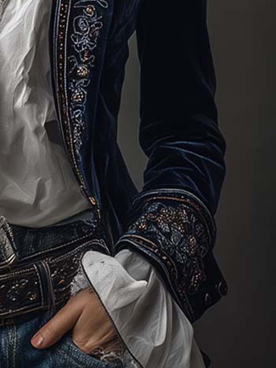 Vespera™ | Vintage Embroidered Navy Longline Blazer