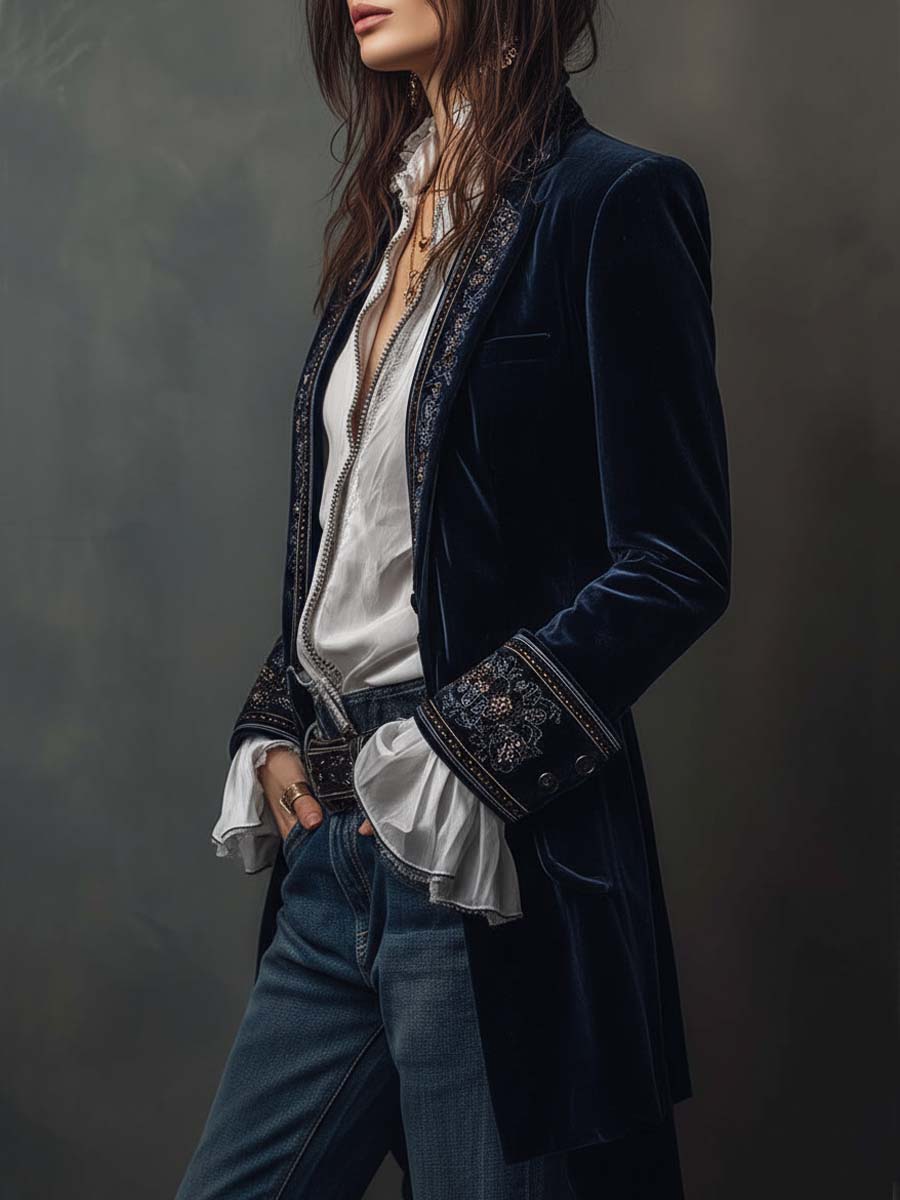 Vespera™ | Vintage Embroidered Navy Longline Blazer
