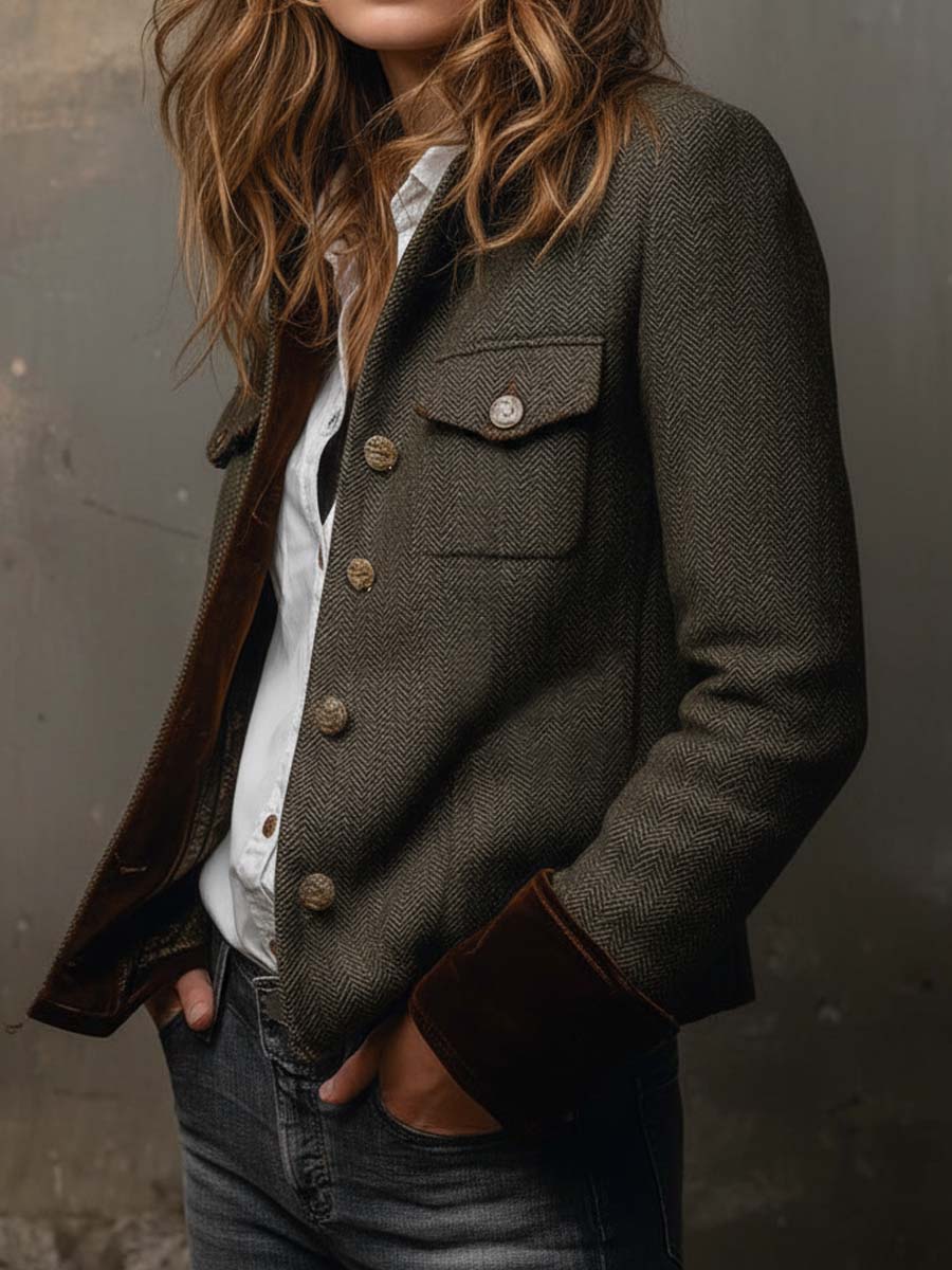 Rowena™ | Heritage Olive Herringbone Contrast Blazer