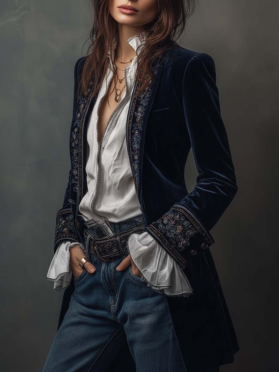 Vespera™ | Vintage Embroidered Navy Longline Blazer