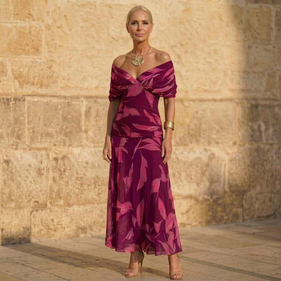 Valessia™ | Off-Shoulder Leaf Print Evening Midi Dress
