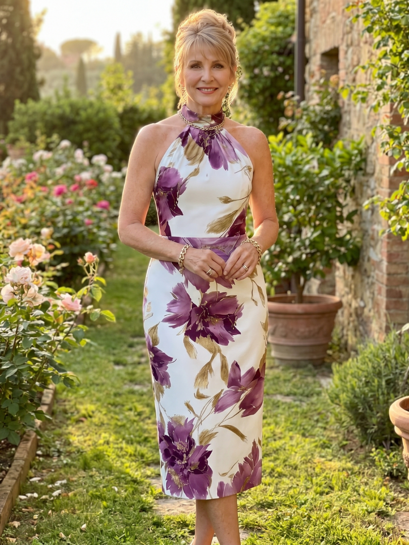 Solara™ | Golden Petals Halter Dress