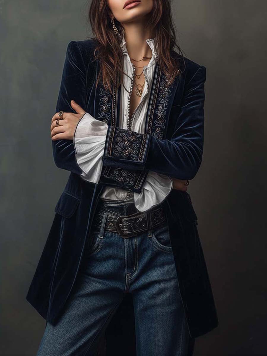 Vespera™ | Vintage Embroidered Navy Longline Blazer