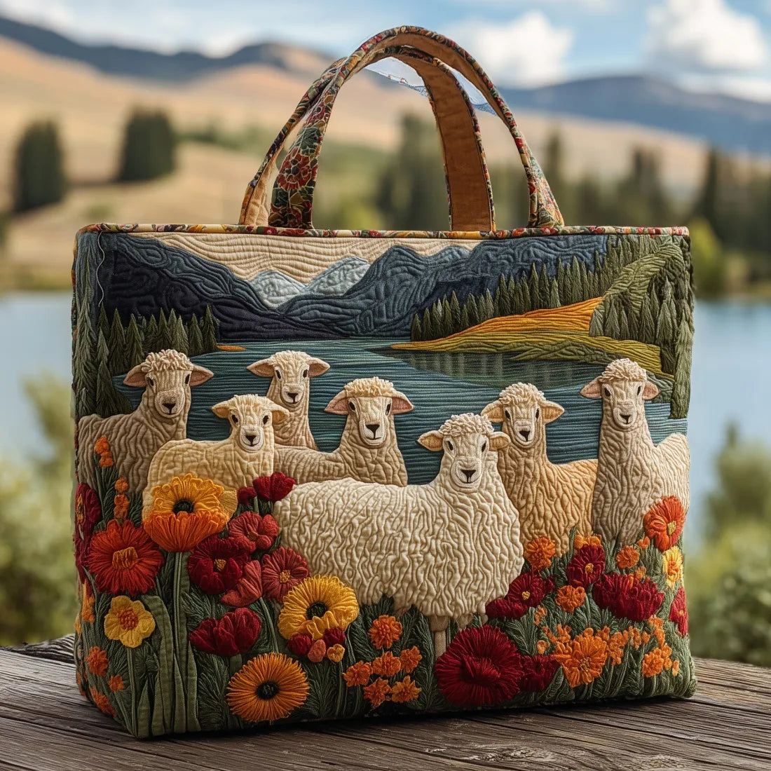 Meadow™ | Lakeside Sheep & Wildflower Quilted Tote Bag
