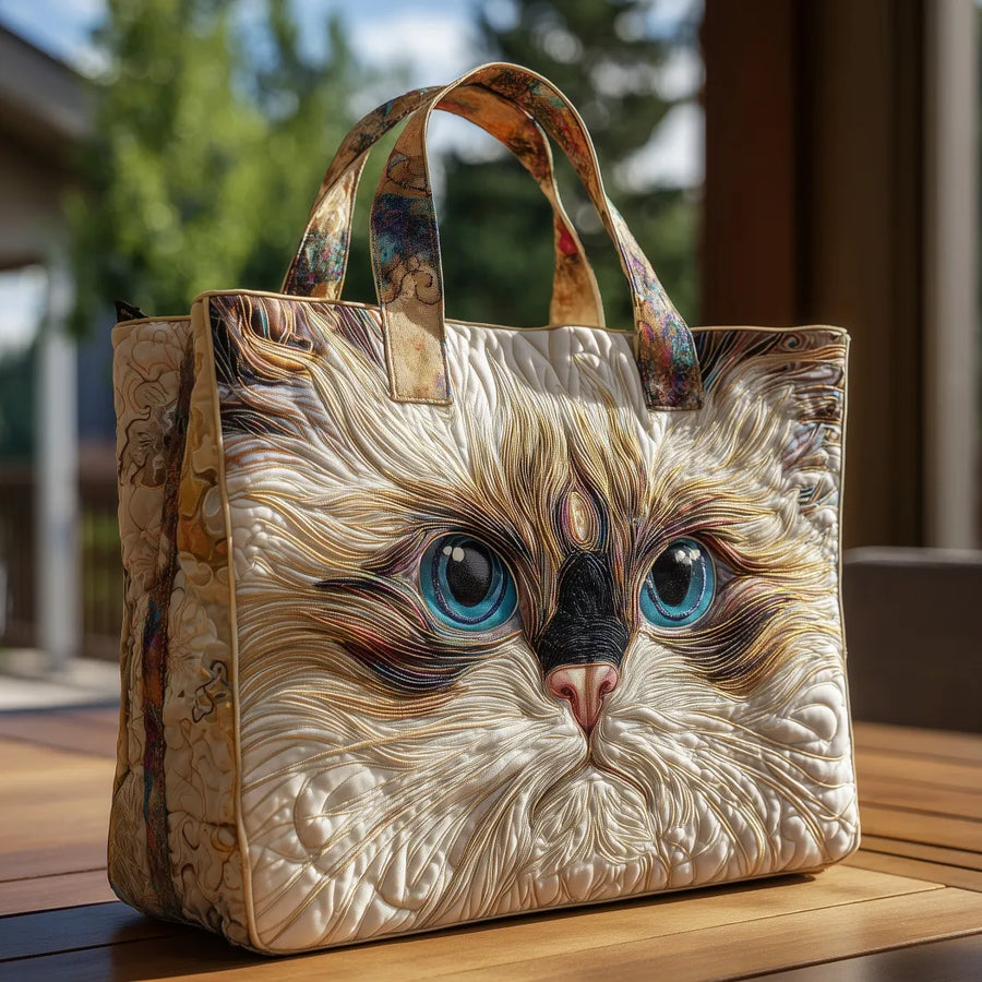 Bianca™ | Blue-Eyed White Cat Artistic Quilted Tote Bag