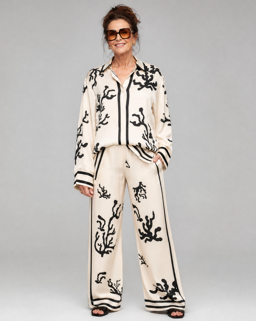 Omeni | Abstract Coastal Print Shirt And Wide Leg Pants Set
