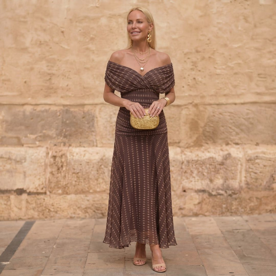 Jenna™ | Off-Shoulder Geometric Flowing Maxi Dress