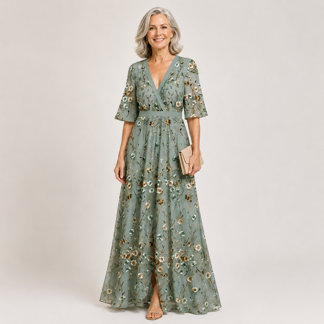Evadne | Floral V Neck Short Sleeve Maxi Dress