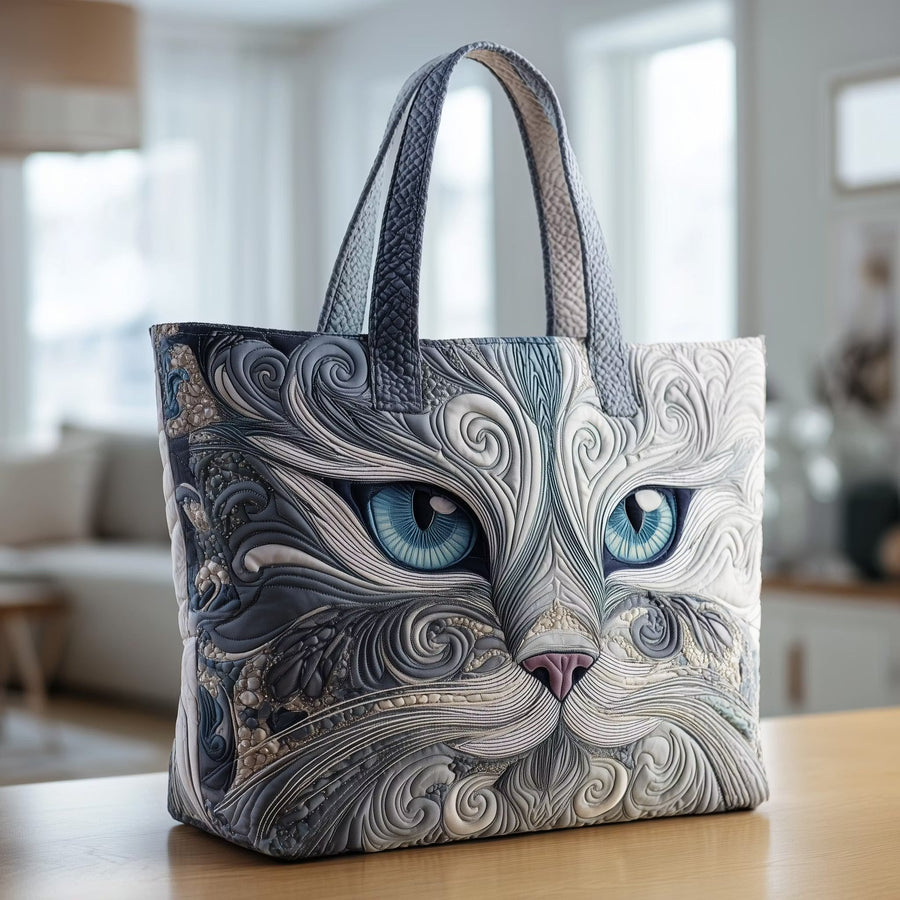 Pearl™ | Blue-Eyed White Cat Artistic Quilted Tote Bag