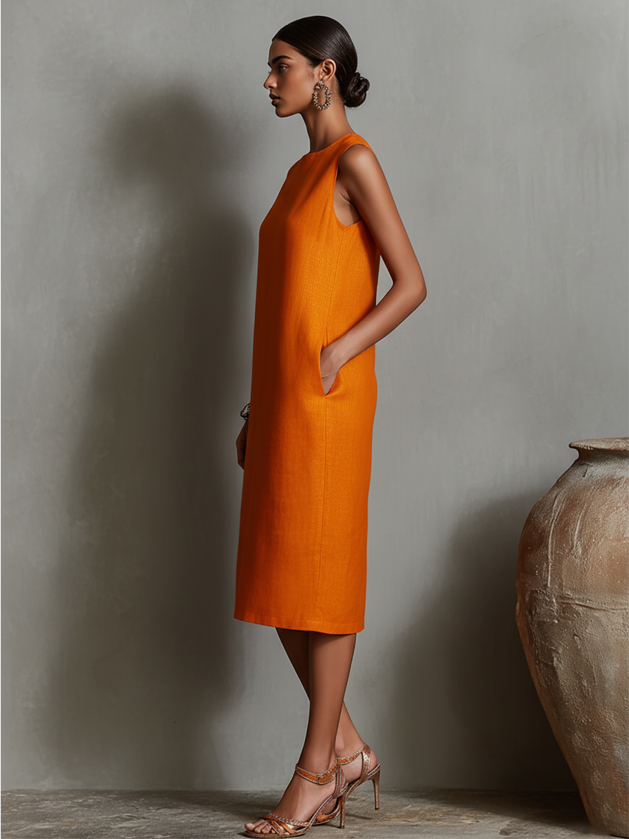 Camille™ | Linen Blend Pocket Midi Dress
