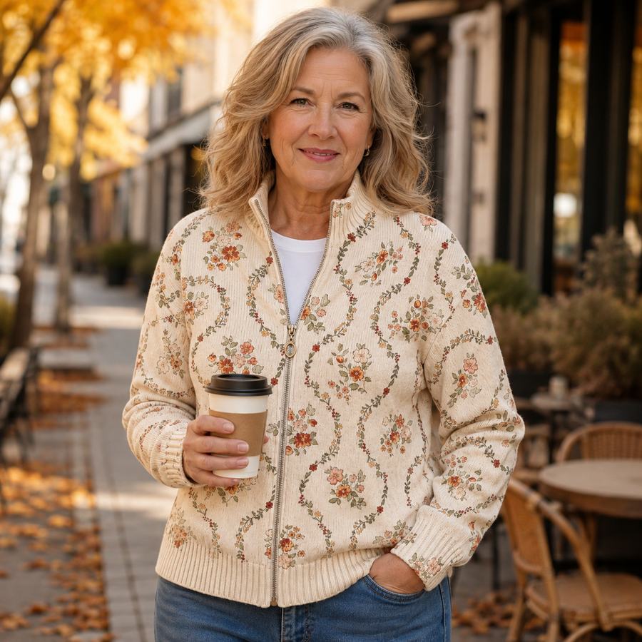 Darcie™ | Delicate Floral Vine Zip-Up Cardigan
