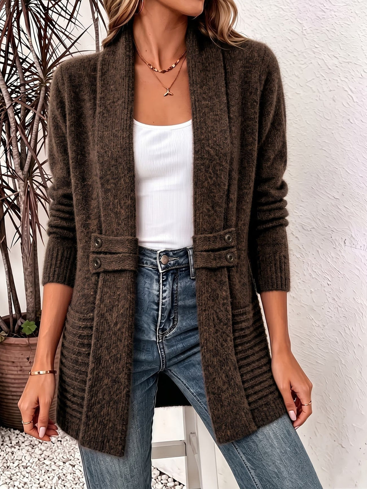 Camille™ | Ribbed Button-Tab Longline Cardigan