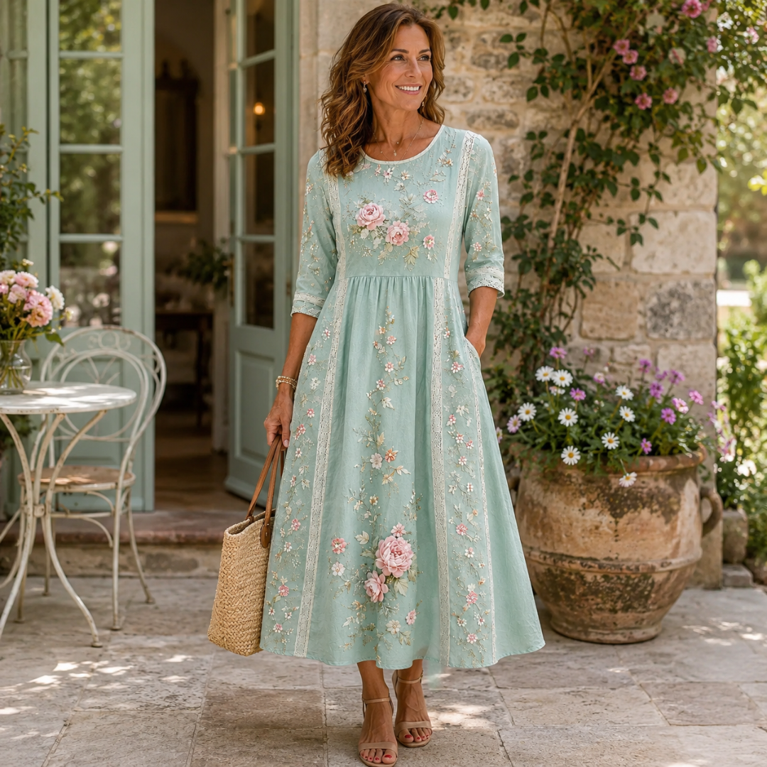 Emmeline™ | Floral Embroidered Grace Midi Dress