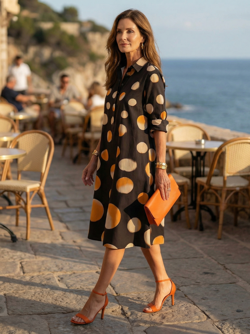 Vespera™ | Polka Dot Collared Midi Shirt Dress