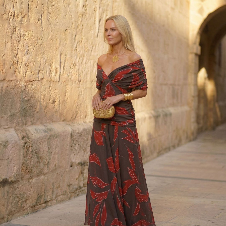 Poppy™ | Off-Shoulder Leaf Print Maxi Dress
