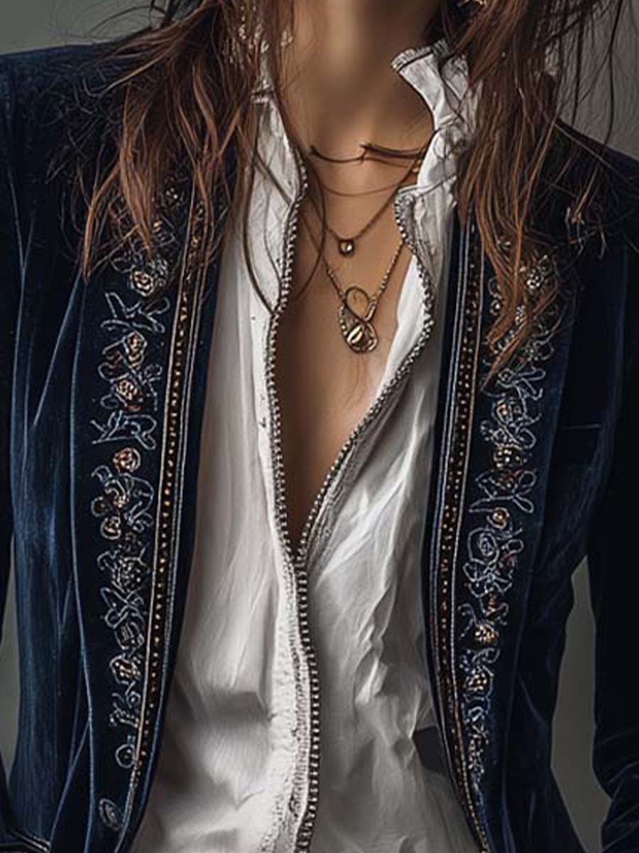 Vespera™ | Vintage Embroidered Navy Longline Blazer