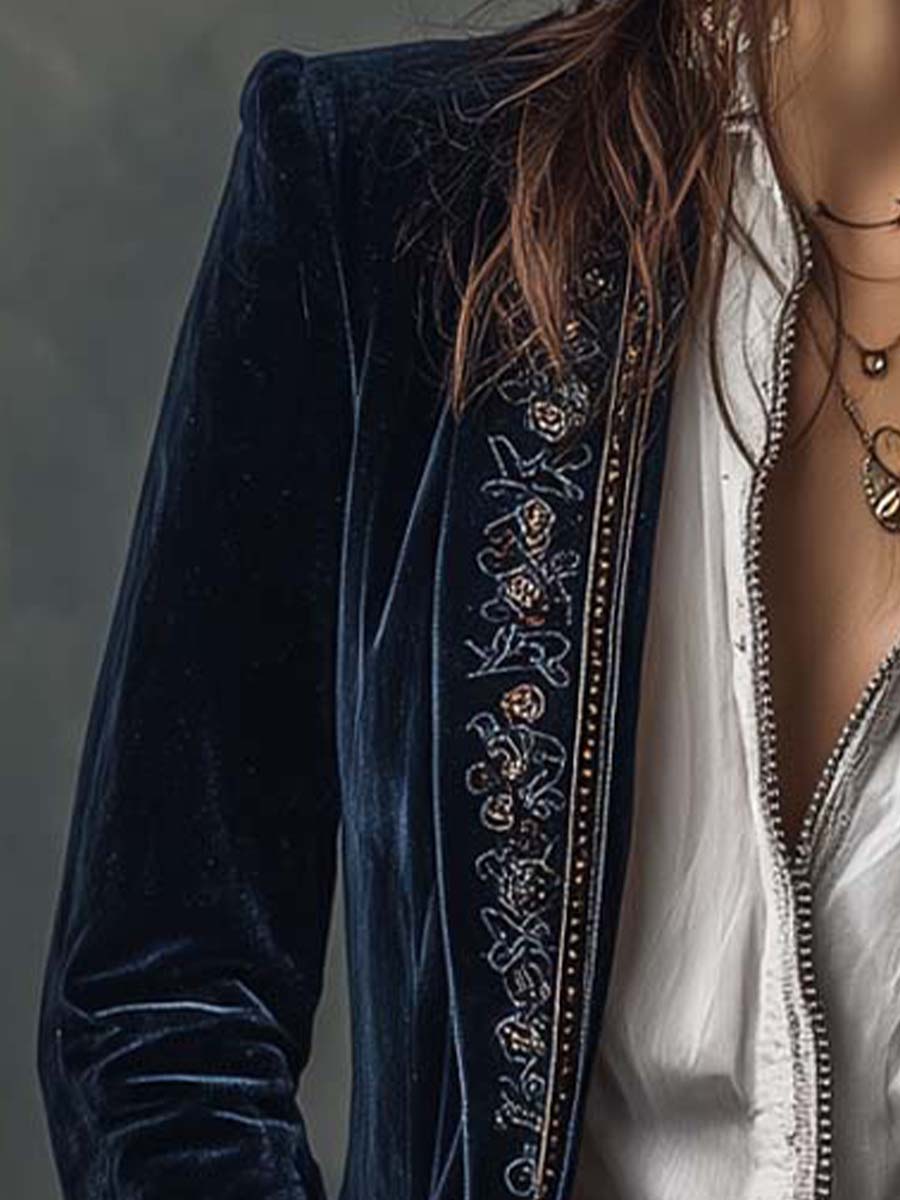 Vespera™ | Vintage Embroidered Navy Longline Blazer
