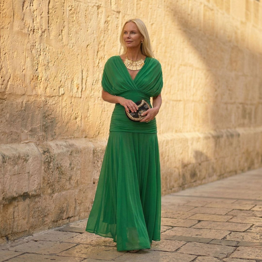 Sienna™ | Draped V-Neck Chiffon Evening Maxi Dress