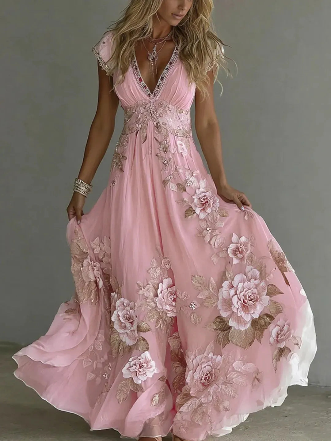 Aurielle™ | Embroidered Floral Chiffon Maxi Dress