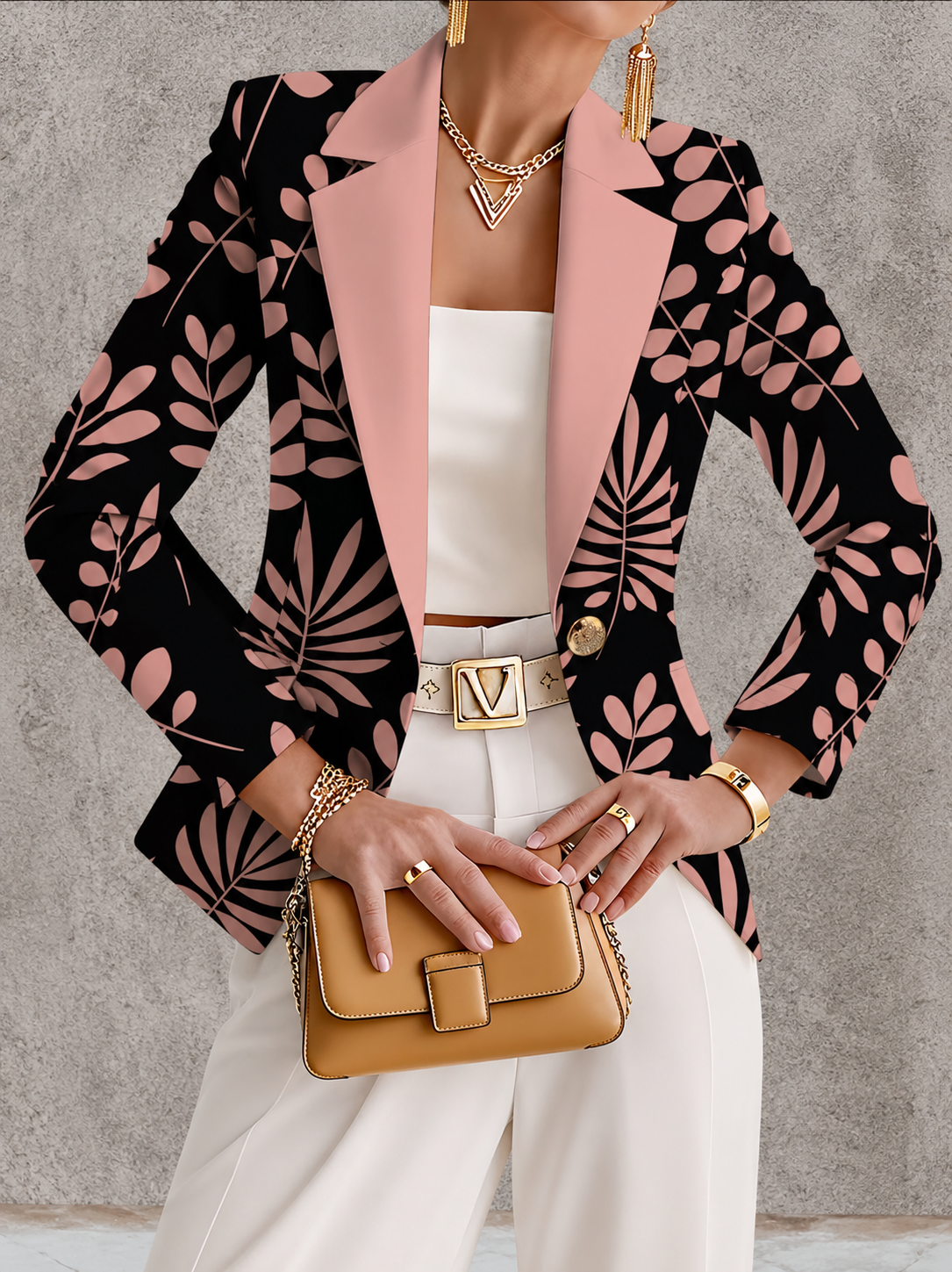 Evalina™ | Pink Leaf Print Tailored Blazer