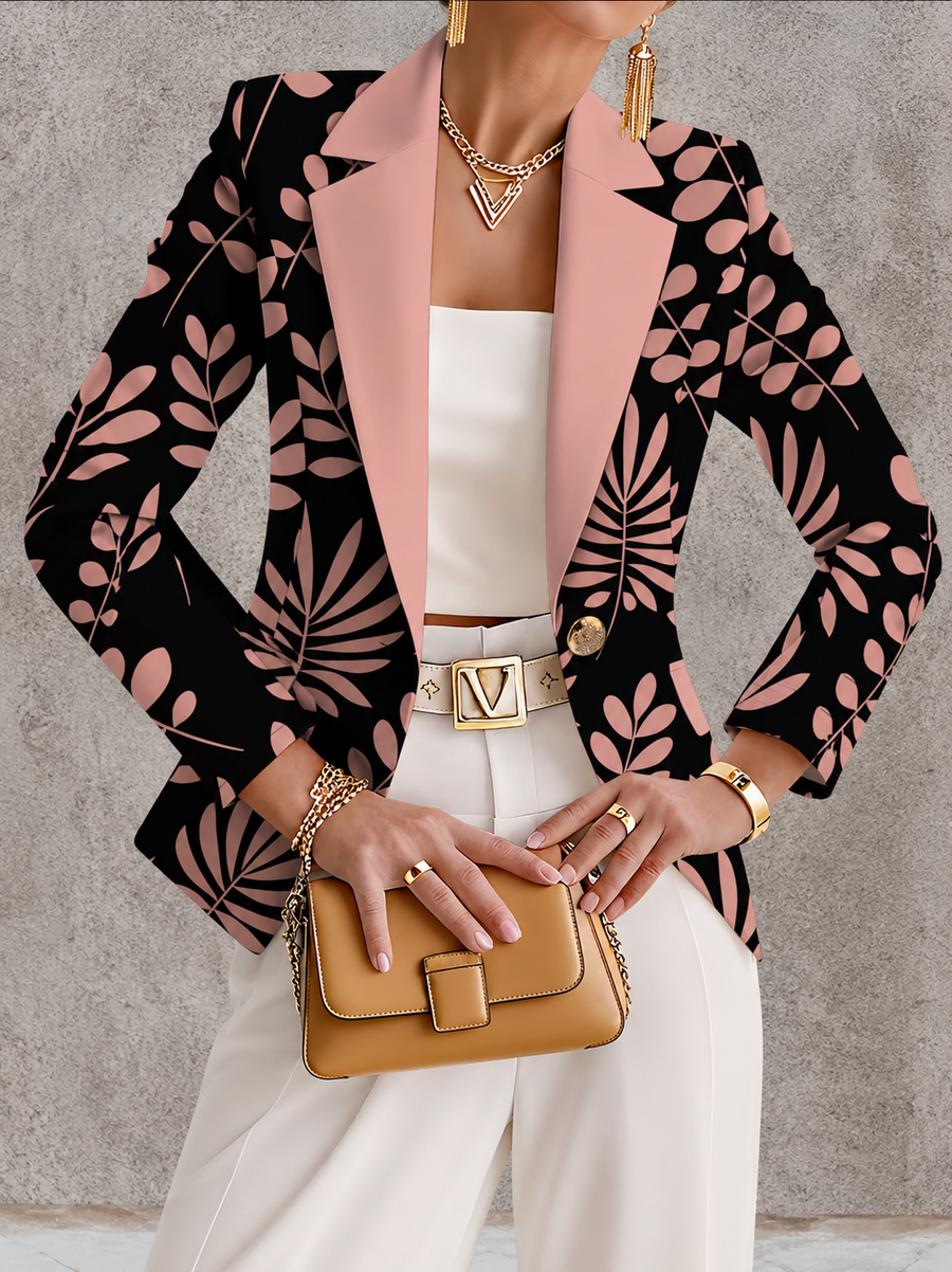 Evalina™ | Pink Leaf Print Tailored Blazer