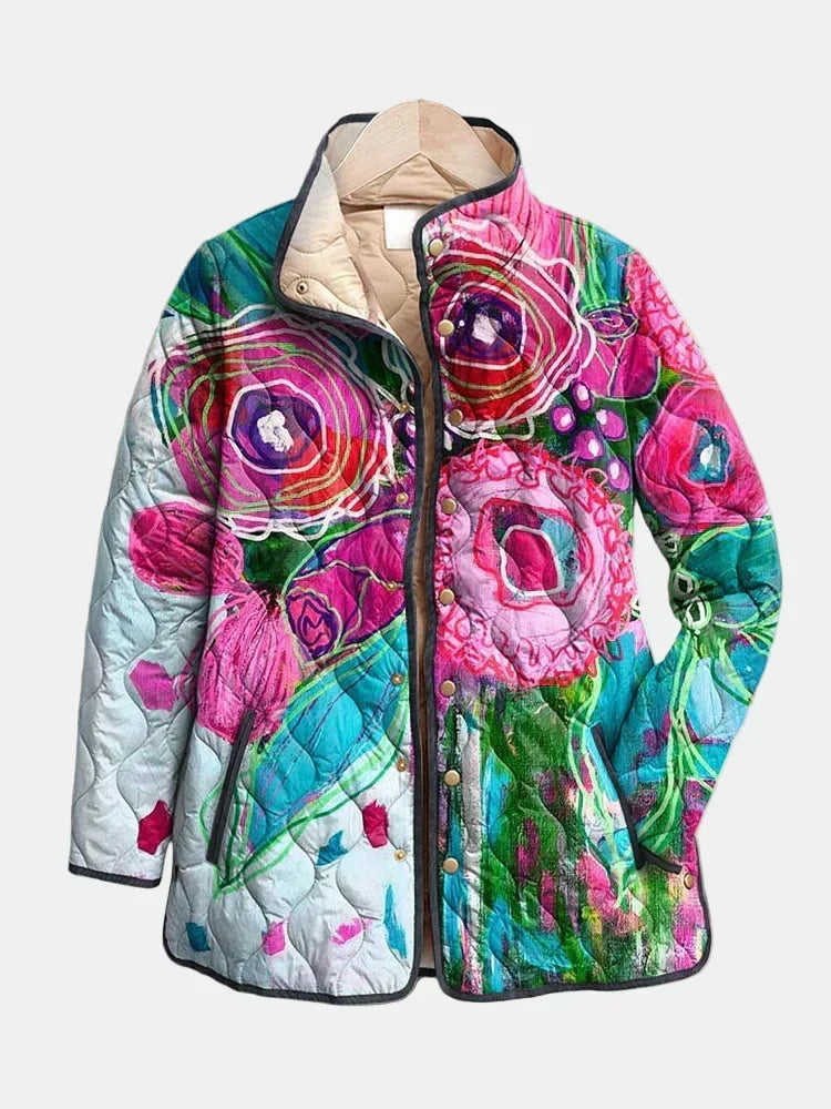 Octavia™ | Vibrant Abstract Floral Quilted Longline Jacket