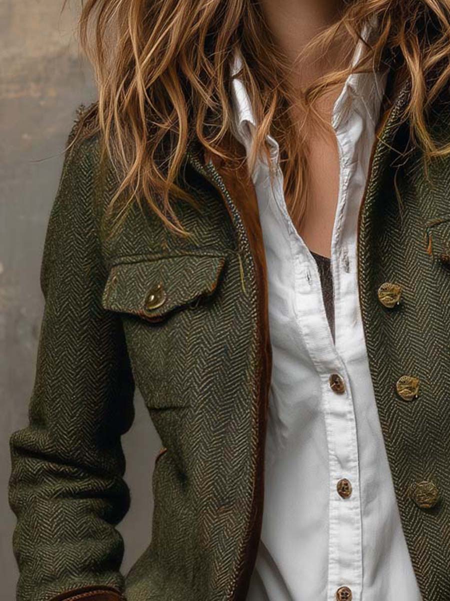 Rowena™ | Heritage Olive Herringbone Contrast Blazer
