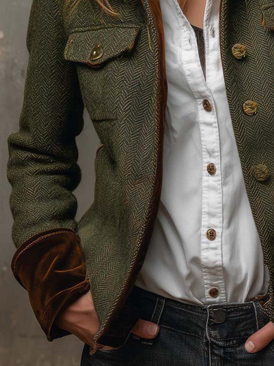 Rowena™ | Heritage Olive Herringbone Contrast Blazer