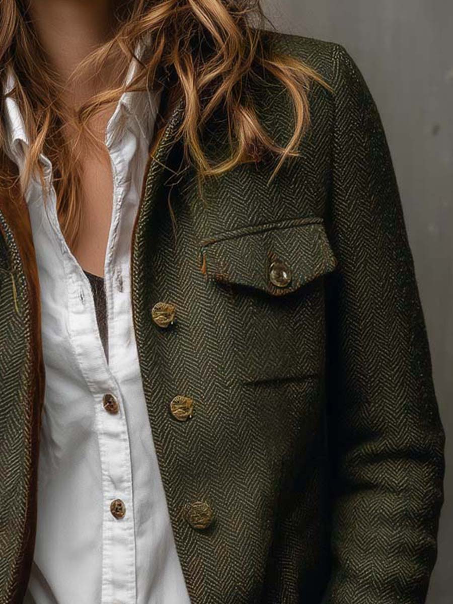 Rowena™ | Heritage Olive Herringbone Contrast Blazer