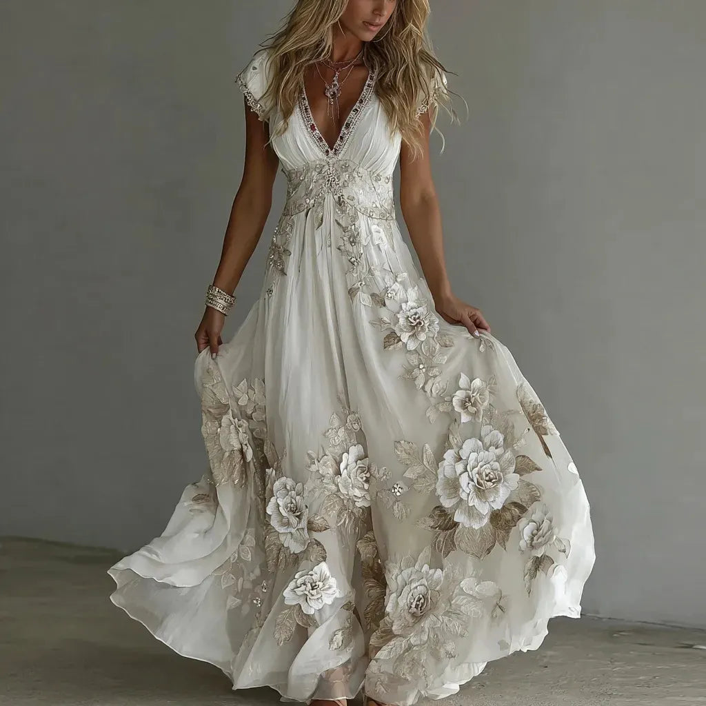 Aurielle™ | Embroidered Floral Chiffon Maxi Dress