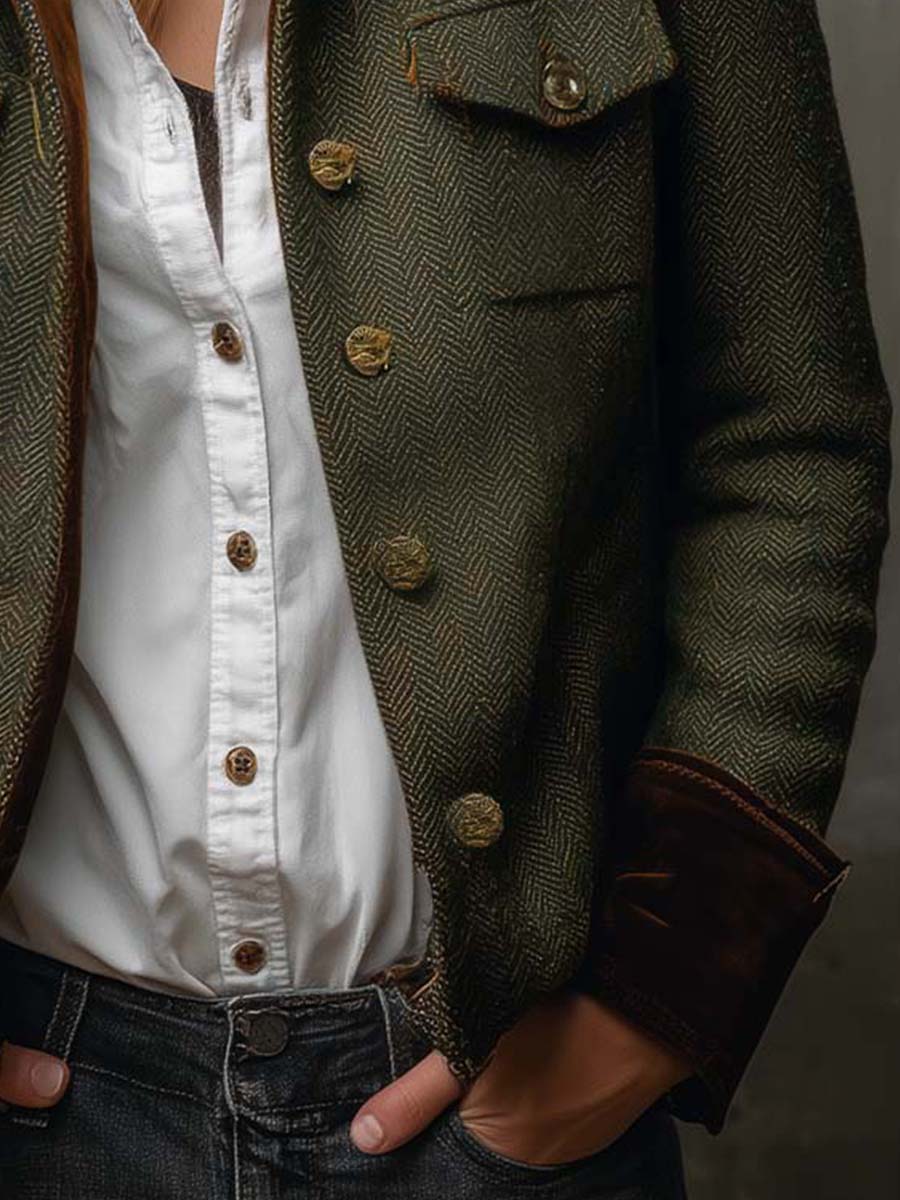 Rowena™ | Heritage Olive Herringbone Contrast Blazer