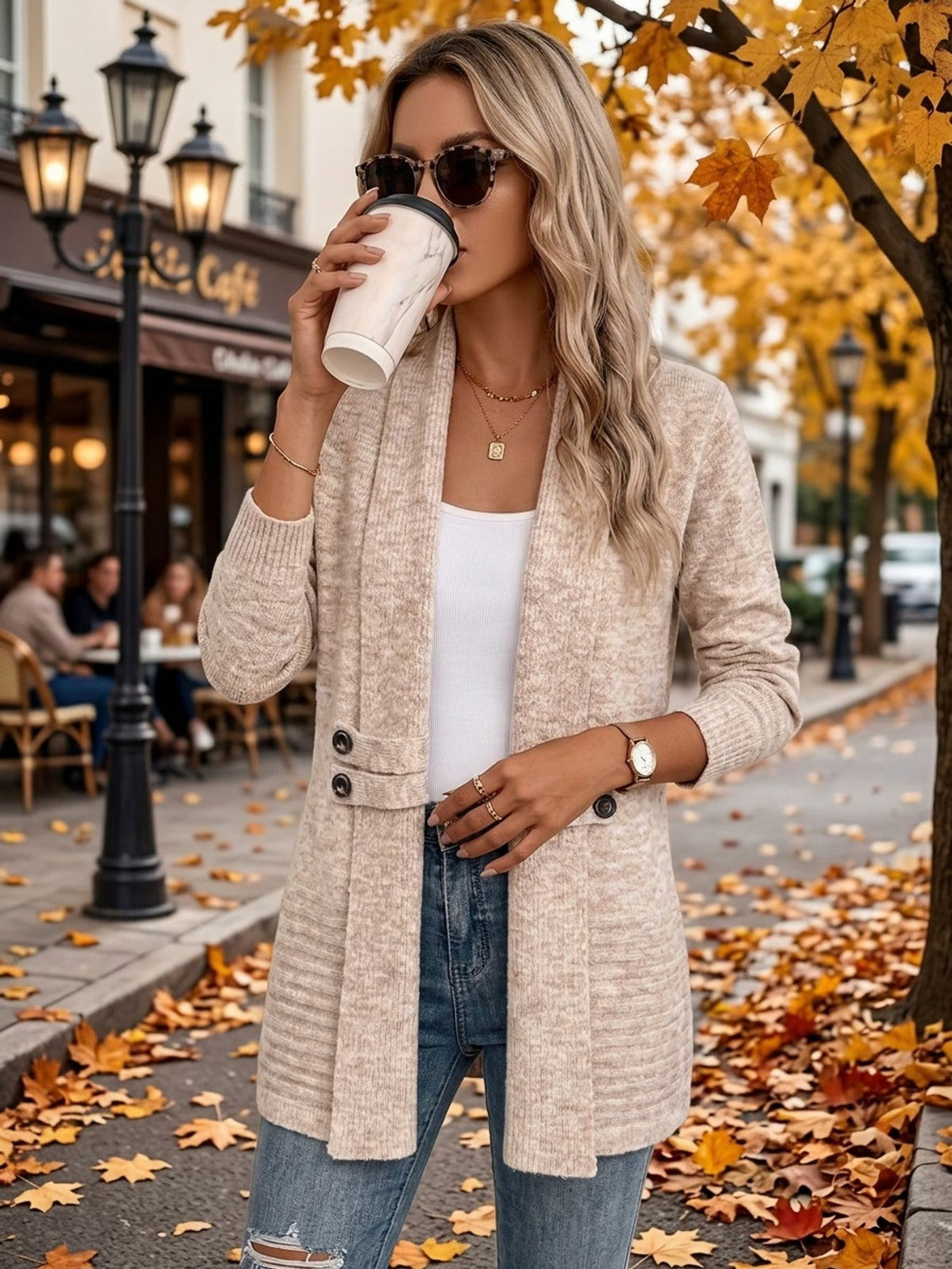 Harlow™ | Oatmeal Ribbed Button-Tab Cardigan