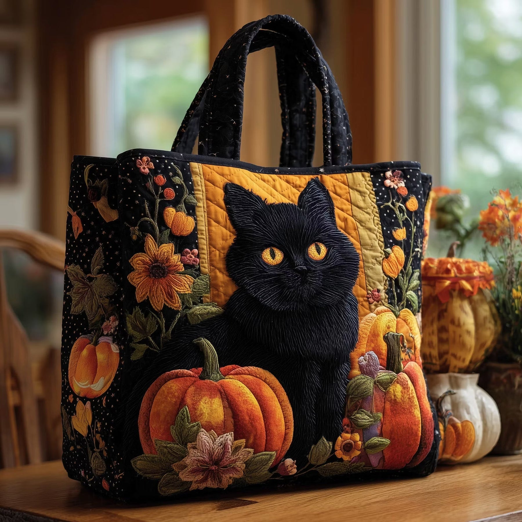 Pepper™ | Black Cat & Autumn Pumpkin Quilted Tote Bag