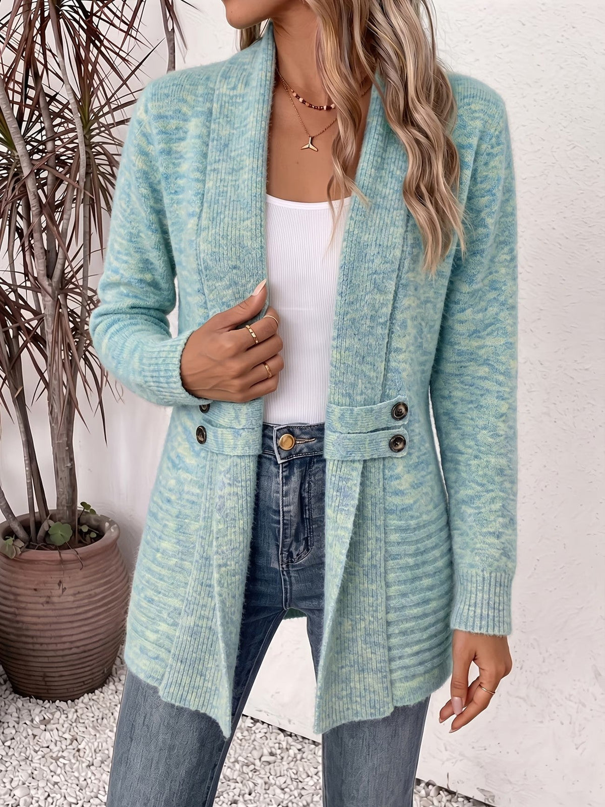 Nova™ | Aqua Ribbed Button-Tab Cardigan