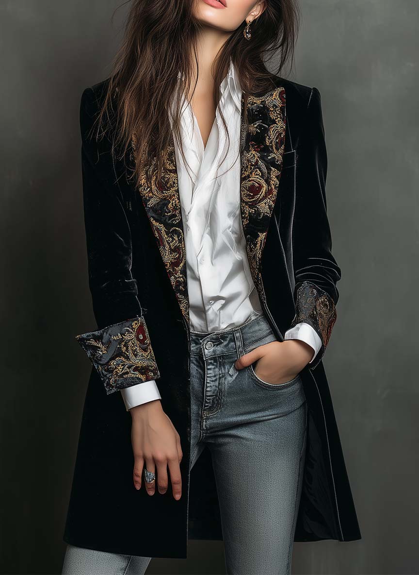 Belladonna™ | Baroque Embroidered Black Longline Blazer