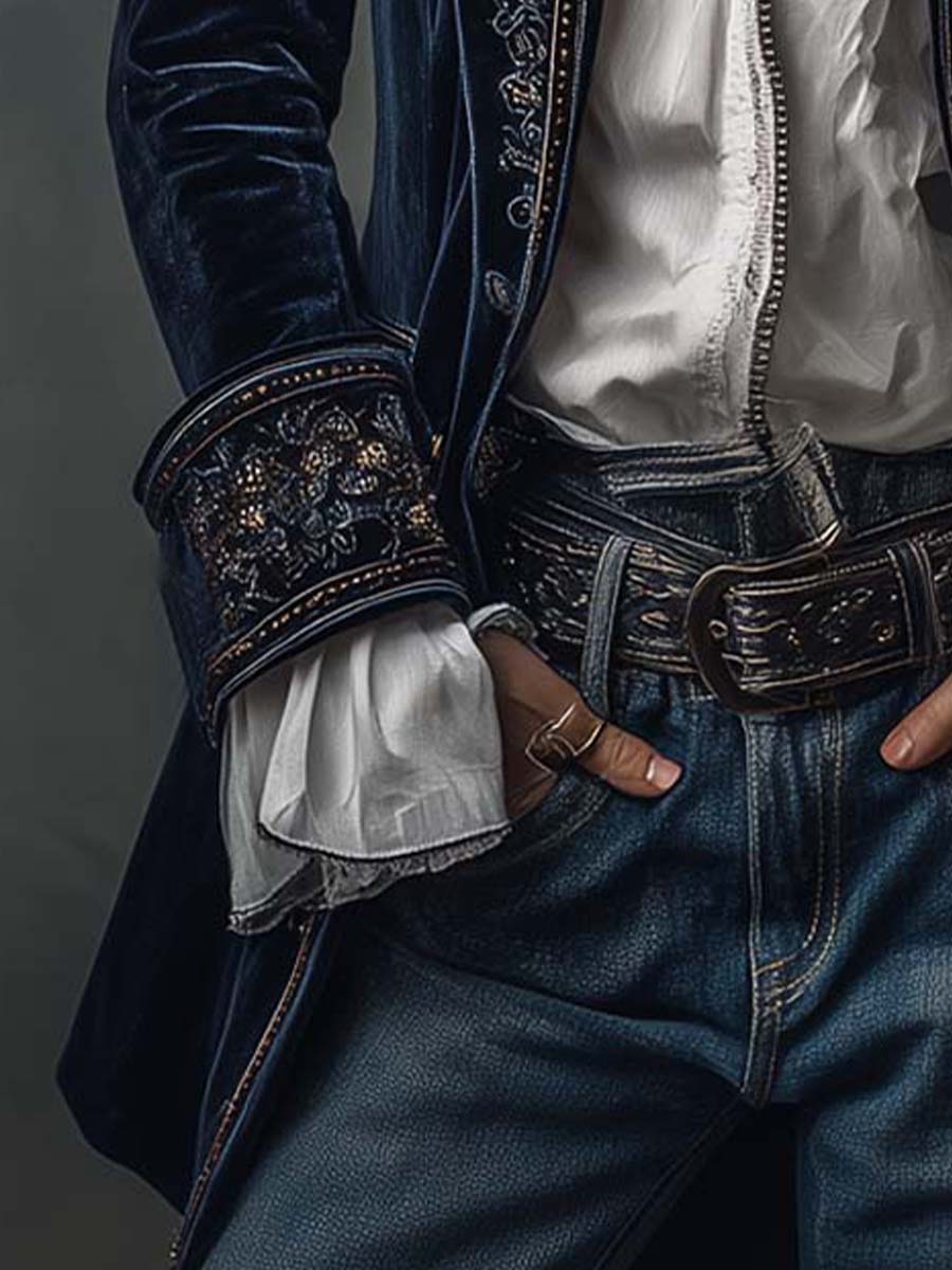 Vespera™ | Vintage Embroidered Navy Longline Blazer