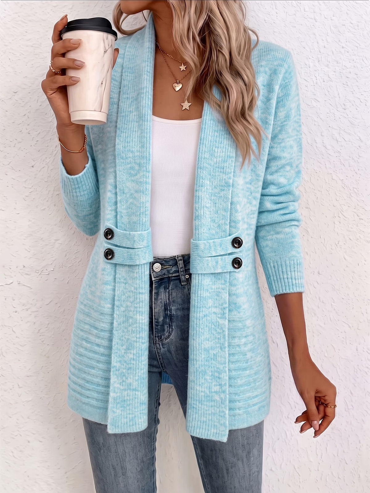 Nova™ | Aqua Ribbed Button-Tab Cardigan