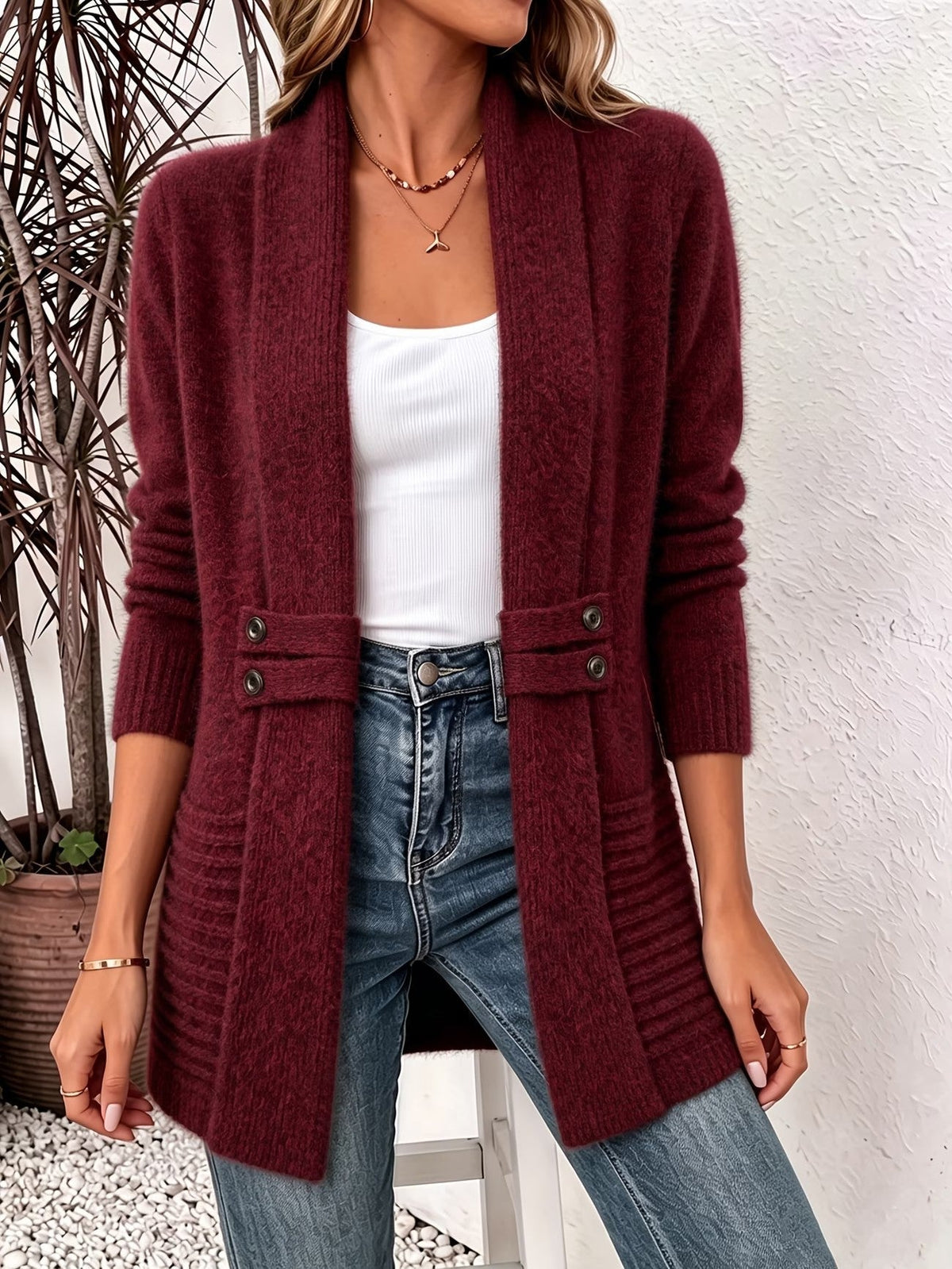Marlowe™ | Burgundy Ribbed Button-Tab Cardigan