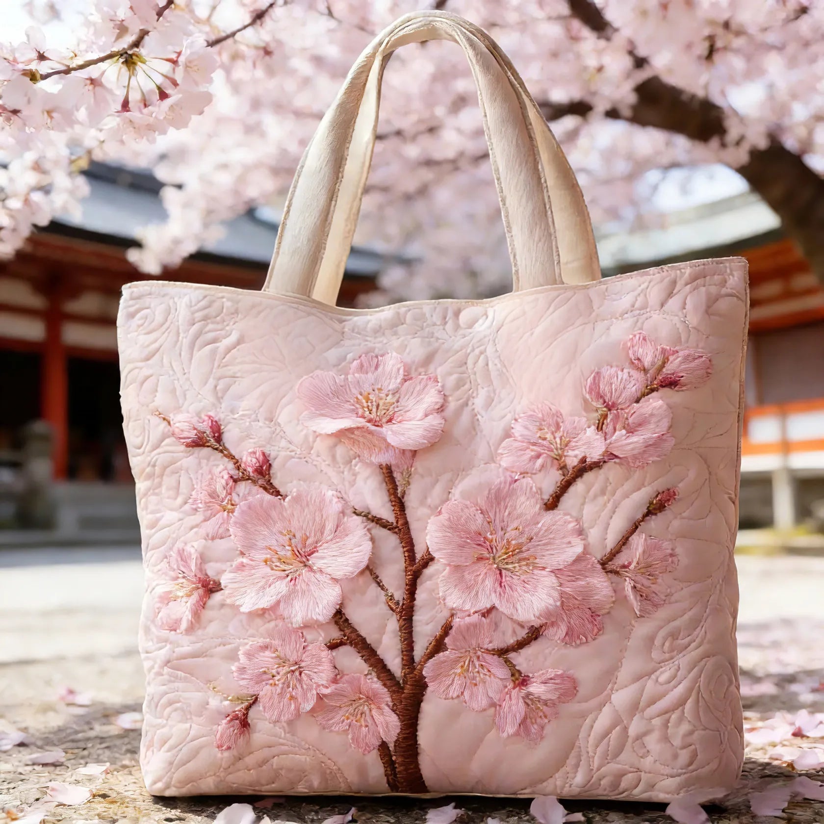 Sakura™ | Cherry Blossom Embroidered Quilted Tote Bag