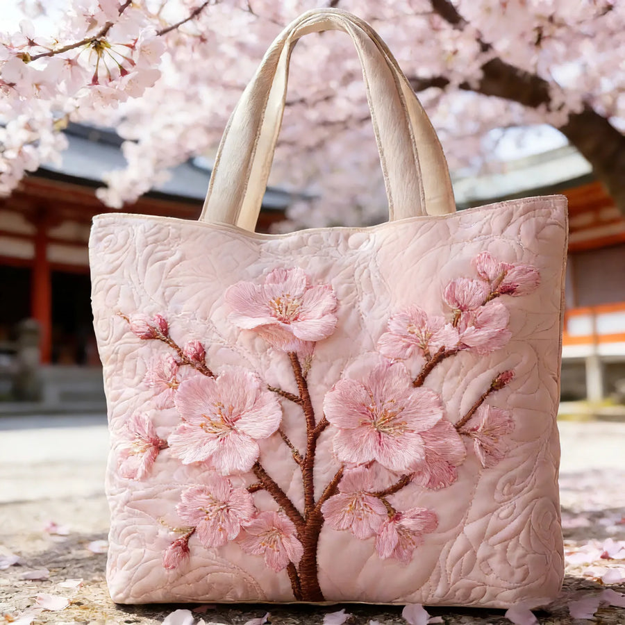 Sakura™ | Cherry Blossom Embroidered Quilted Tote Bag