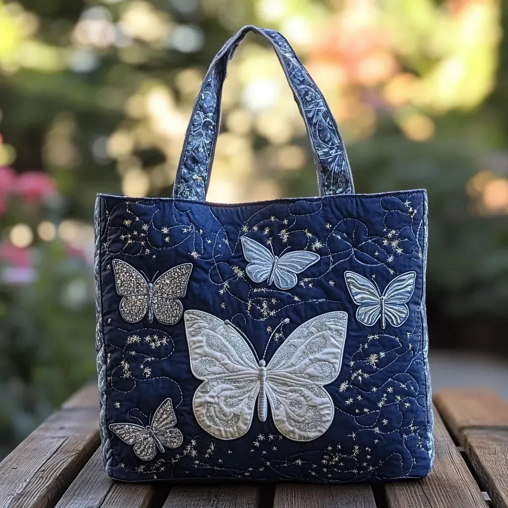 Mariposa™ | Silver Butterfly Midnight Quilted Tote Bag