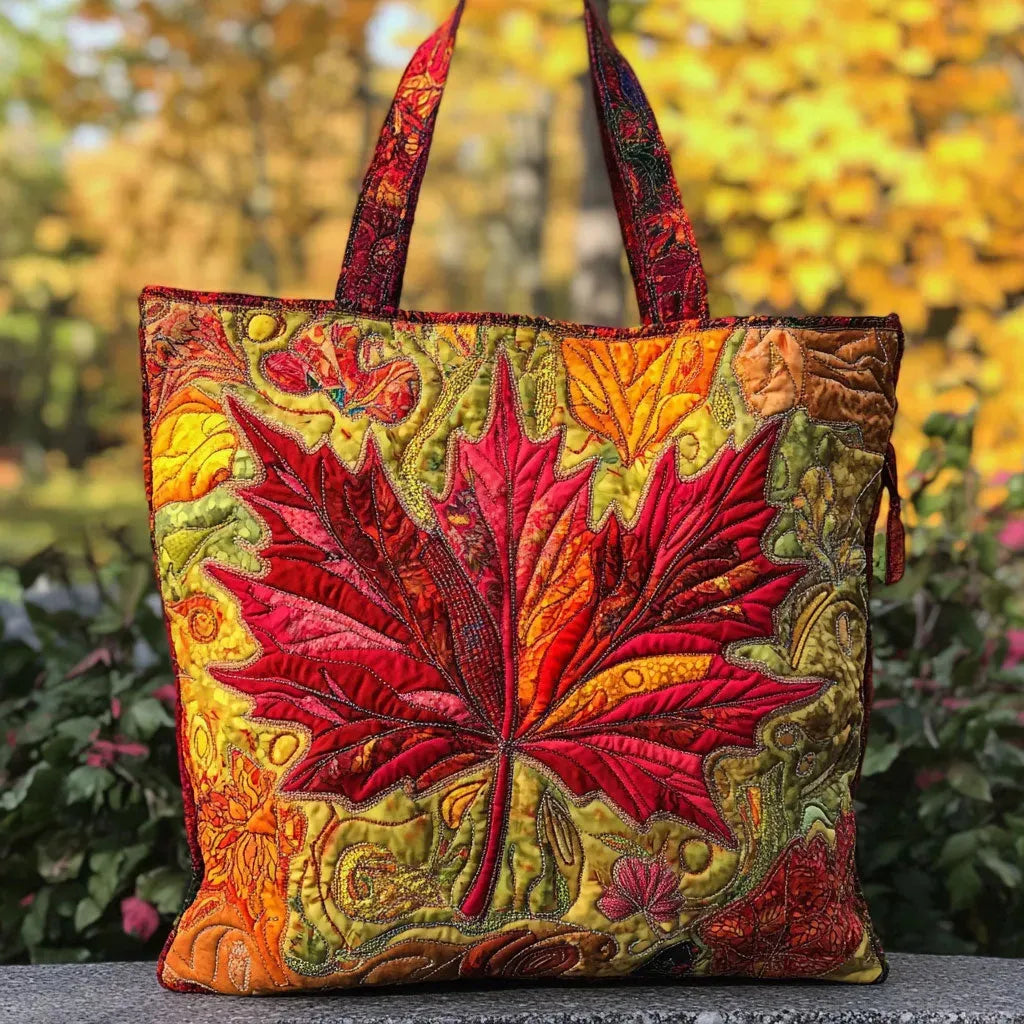 Autumnia™ | Crimson Maple Leaf Quilted Tote Bag