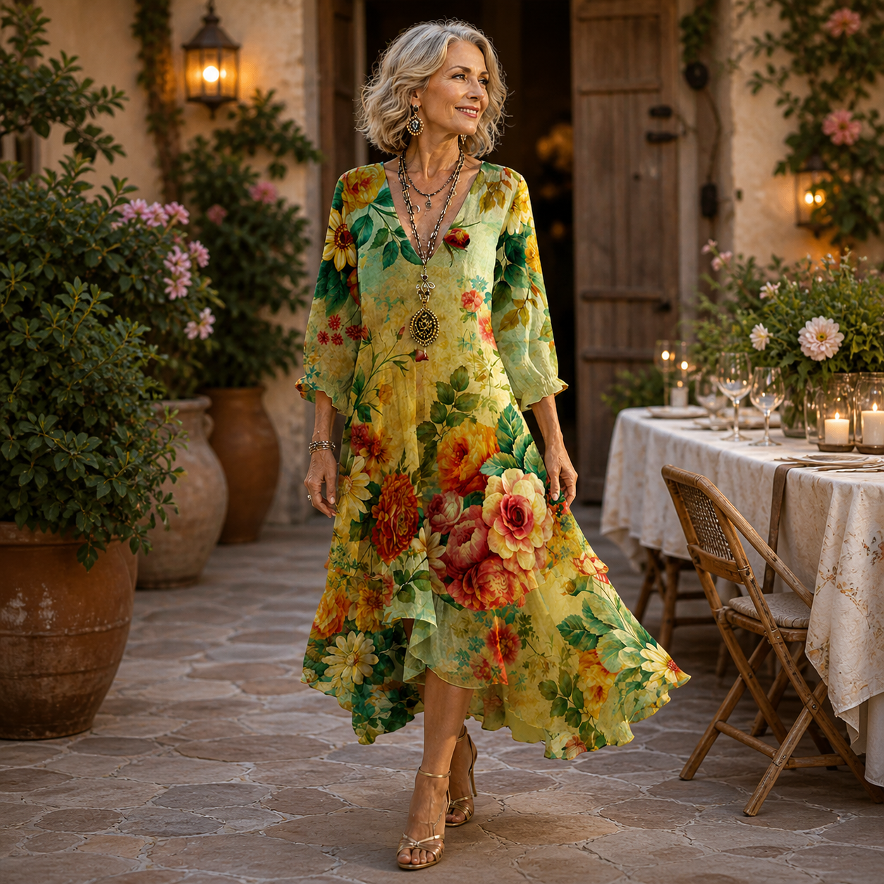 Marigold™ | Vintage Floral Flowing Midi Dress