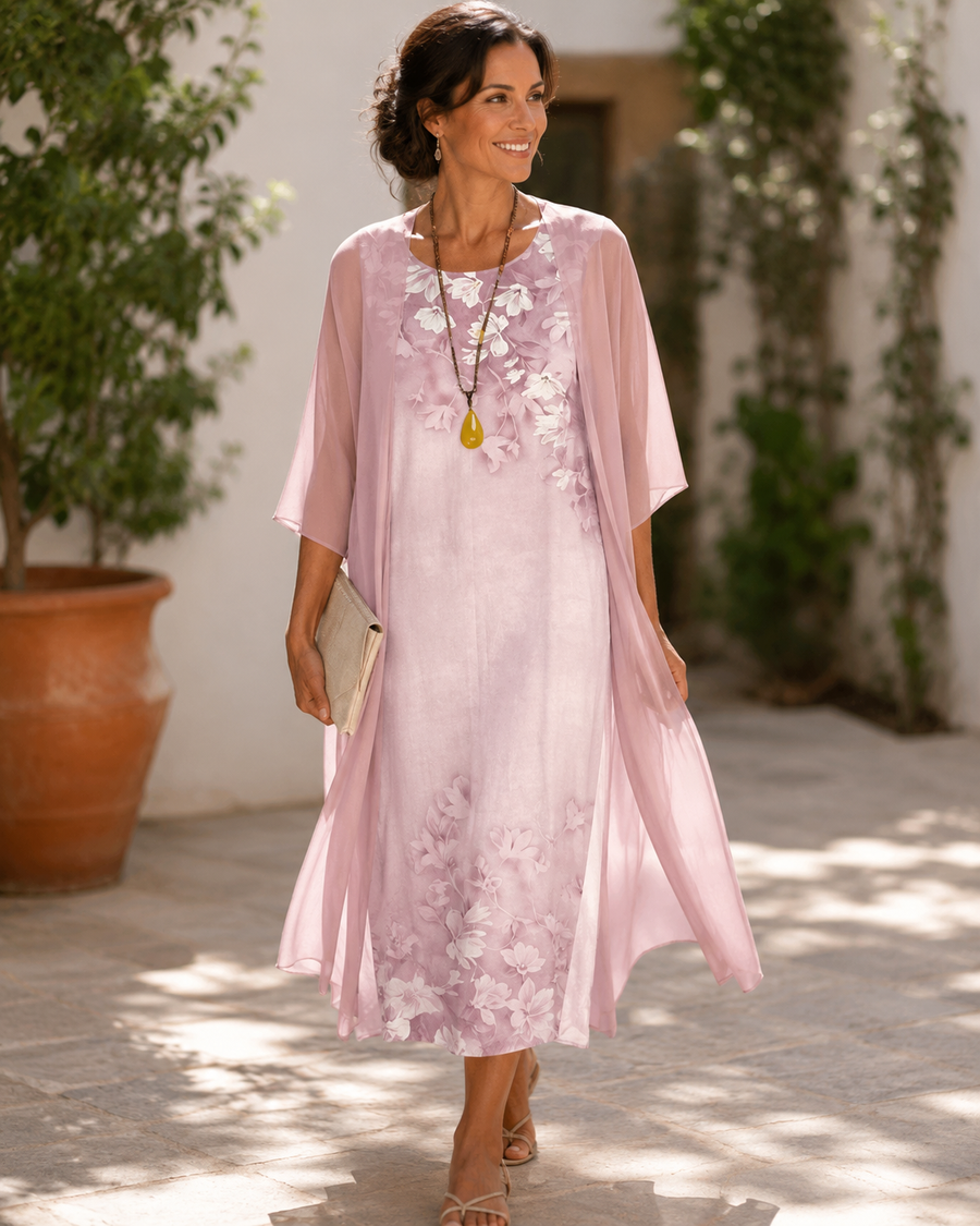 Rosalie™ | Floral Chiffon Overlay Midi Dress Set