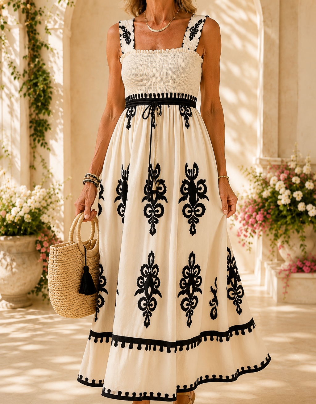 Adelina™ | Embroidered Smocked Maxi Dress