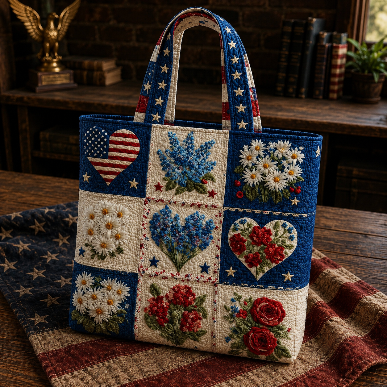 Betsy™ | Americana Floral Heart Patchwork Quilted Tote Bag