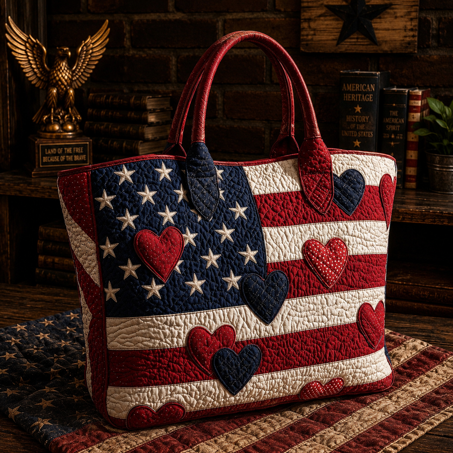 Georgia™ | Patriotic Hearts & Stripes Quilted Tote Bag