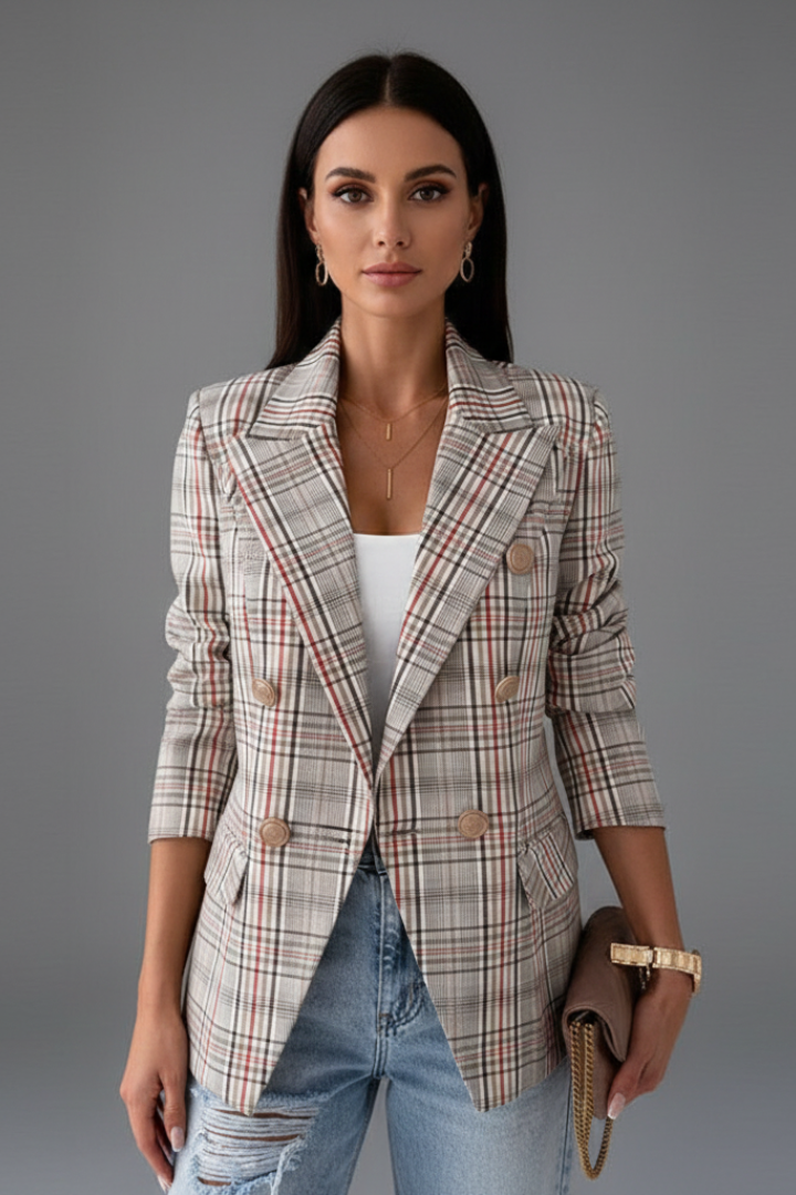 Cambria™ | Elegant Plaid Open-Front Tailored Blazer