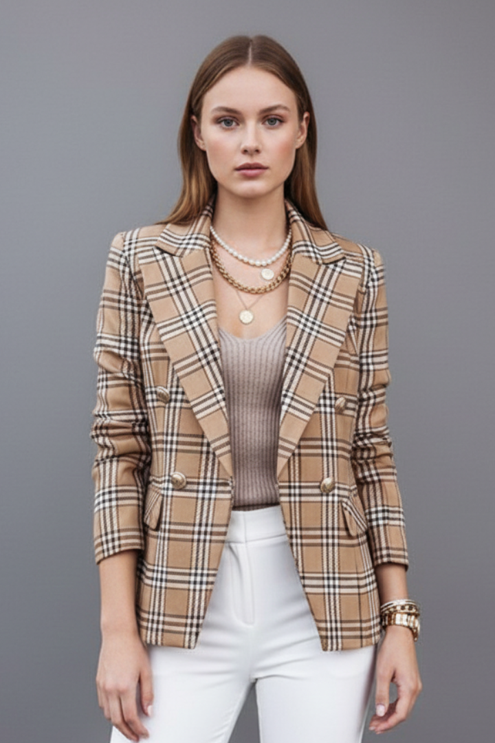 Cambria™ | Elegant Plaid Open-Front Tailored Blazer